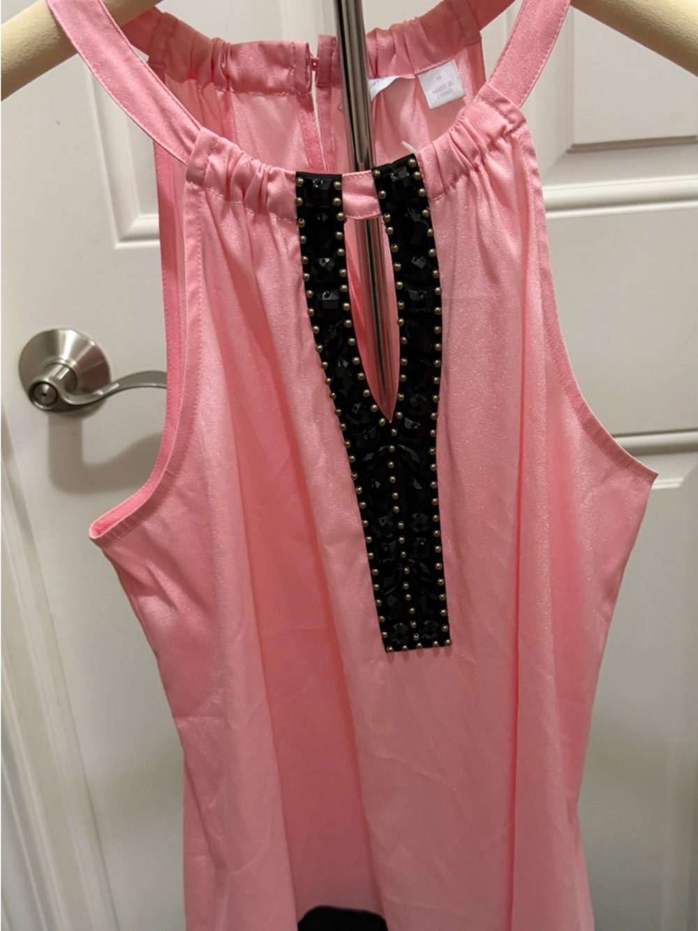 New York & Company Pink Sleeveless Halter Top with Black Studded Trim